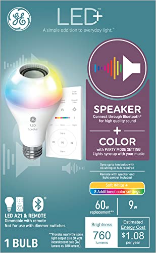 GE LED+ Color Changing Speaker LED Light Bulb with Remote, Multicolor + Warm White, A21 Standard Bulb