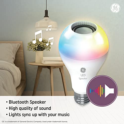 GE LED+ Color Changing Speaker LED Light Bulb with Remote, Multicolor + Warm White, A21 Standard Bulb