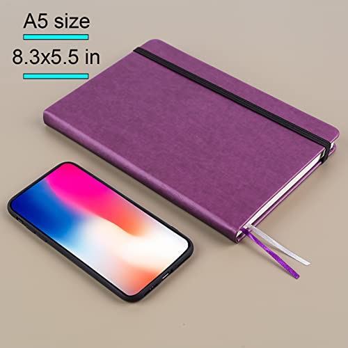 Hardcover Lined Journal 8.3" x 5.5" Sturdy Classic A5 Writing Notebook Ruled Medium Smooth Note Book, Flat 100 gsm Thick Paper, No Bleed, Leather Cover, with Bookmarks and Inner Pockets, Purple