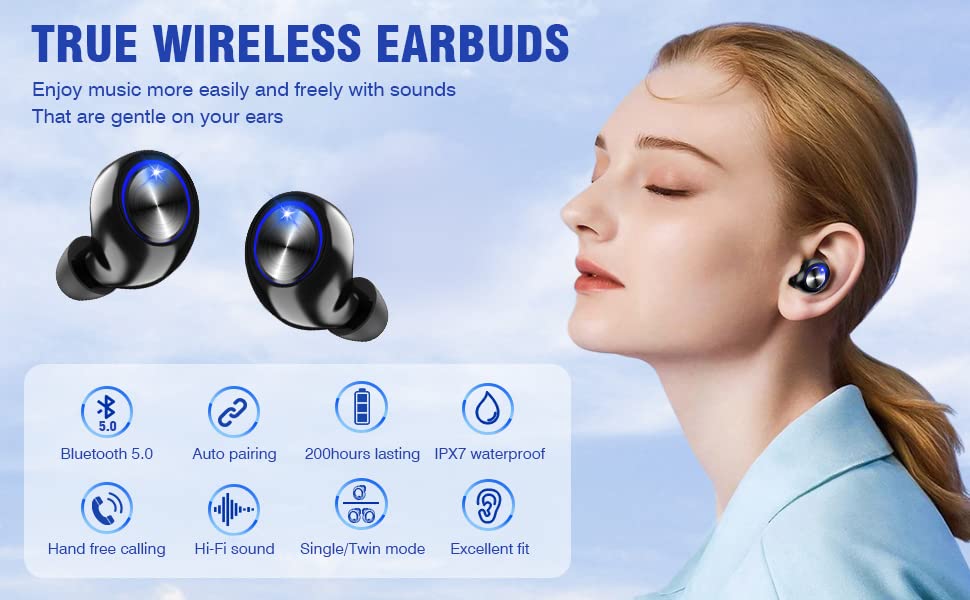 Mix Hero Bluetooth Headphones,IP5 Auto Pairing 200H Stereo Sound True Wireless Earbuds in Ear Bluetooth Earphones Binaural Call Headset with Built in Mic and Charging Case for Sports Running