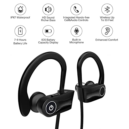 Teilybao Wireless Headphones, Bluetooth Running Headphones Sports Earbuds, IPX7 Waterproof Stereo Earphones for Gym Running 10 Hours Playtime Noise Cancelling Headsets (Black)