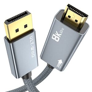 8k@60hz displayport to hdmi cable 6.6ft, dp 1.4a to hdmi 2.1 video cord, support 8k, 4k@120hz/144hz, 2k@240hz, vrr, hdr, dolby vision, hdcp 2.3, dsc 1.2a for pc, hp, asus, dell, gpu, amd, nvidia