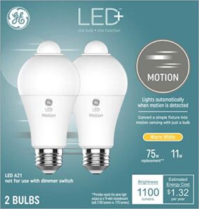 ge led+ motion sensor led light bulbs, security light, warm white, a21 standard bulbs (2 pack)