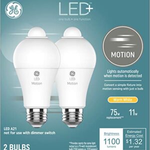 GE LED+ Motion Sensor LED Light Bulbs, Security Light, Warm White, A21 Standard Bulbs (2 Pack)