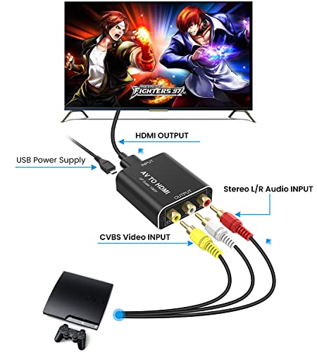 RCA to HDMI Converter, AV to HDMI Converter with RCA Cables, Aluminum 1080P Analog Composite CVBS Video Adapter Support PAL/NTSC for Smart TV PS2 Wii SNES N64 Xbox VHS VCR DVD Player