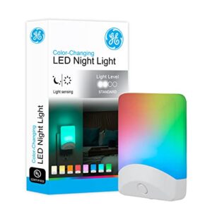 ge color-changing led night light, 1 pack, plug into wall, dusk to dawn sensor, for bathroom, childrens room, nursery, safety rated, white, 34693