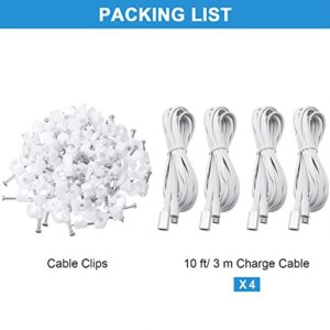 Sumind 4 Pack 10 ft/ 3 Meter Micro USB Extension Cable Male to Female Extender Cord Compatible with Wireless Security Camera Flat Power Cable, Cable Clips Included (White)