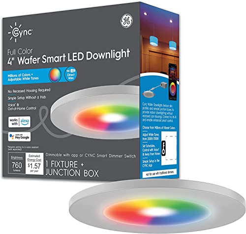 GE CYNC Smart LED Wafer Downlights, Color Changing and White Tones Wafer Lights, No Recessed Housing Required, 4 Inches (3 Pack)