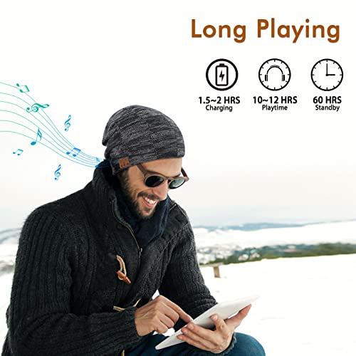 Deegotech Bluetooth Beanie, Music Tech Valentines Day Gifts for Men, Wireless Bluetooth Beanie Hat Skull Cap with Bluetooth 5.0 Headphone for Dad Husband Teens Boyfriend-Grey