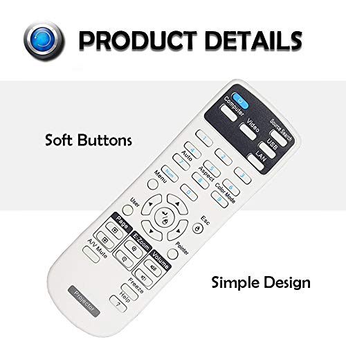 Universal Projector Remote Control for Epson Home Cinema, Powerlite, EB-, EX, VS, H, BrightLink, EMP- Series Projectors