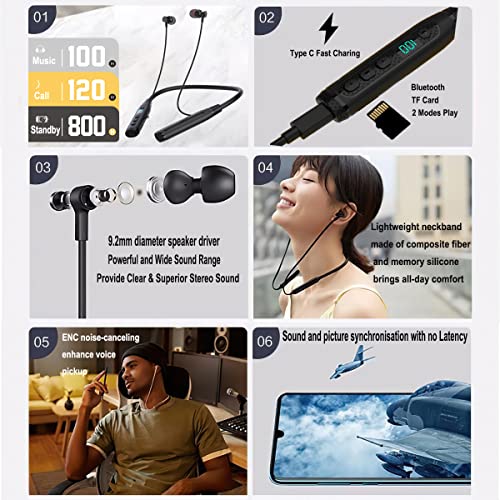 HORNORM Neckband Bluetooth Headphones with TF Card Slot 100 Hours Playtime Neck Bluetooth Earphones with Microphone Around The Neck Earbuds Magnetic Earphones Compatible with Cellphones,PC,Tablet