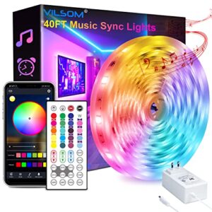 vilsom 40ft led strip lights, smart app and remote control music sync led lights for bedroom, room, ceiling, party, home decoration with smd 5050led 16 million colors rgb light strip bias lighting