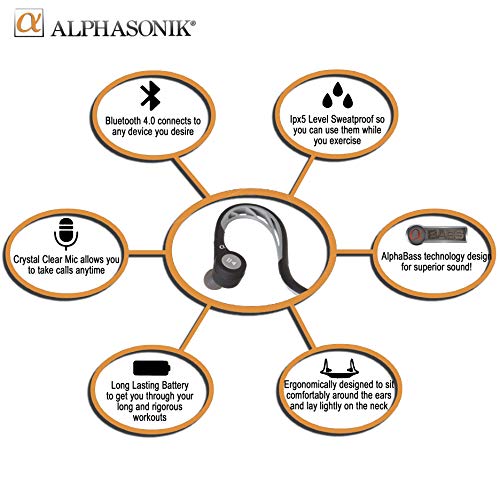 Alphasonik ASE300BT Bluetooth Headphones, V4.0 Wireless Sport Headphones, Sweatproof Running Headset with Built in Mic for Workout Exercise IPX5 SplashProof, Ergonomically Designed for Extra Comfort