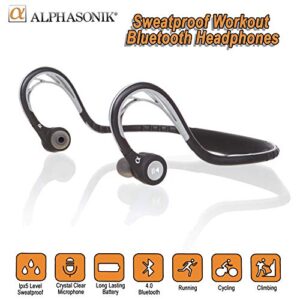 Alphasonik ASE300BT Bluetooth Headphones, V4.0 Wireless Sport Headphones, Sweatproof Running Headset with Built in Mic for Workout Exercise IPX5 SplashProof, Ergonomically Designed for Extra Comfort