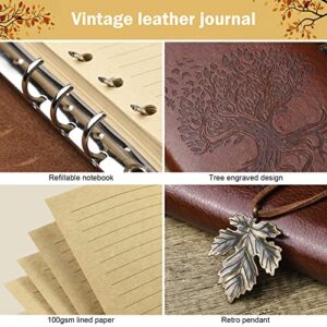 Leather Journal, Leather Notebook, Travel Journal for Women Men, Vintage Journal for Writing, Lined Pages Refillable Notebook, 6 Ring Binder A6 Diary with Pockets, Leather Gift for Traveler, 3pcs