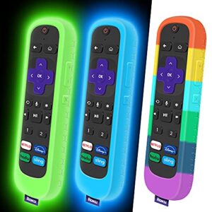3 pack case for roku voice remote pro,cover roku ultra 2020/2019/2018 remote control silicone protective controller back sleeve holder replacement skin new protector-glow blue,glow green,rainbow