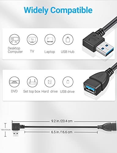 URWOOW 2 Pack SuperSpeed USB 3.0 Angle Male to Female Extension Cable Convertor Adapter Extender Cord Left and Right Angle one Each - 6 inch 2 Pack