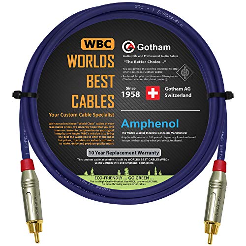 WORLDS BEST CABLES 3 Foot SPDIF Cable – Gotham GAC-1 S/PDIF-Pro (Ultrablue) High-End Silver Plated LCOFC Digital Audio Interconnect Cable & Amphenol ACPR-SRD Gold RCA Plugs - Custom Made