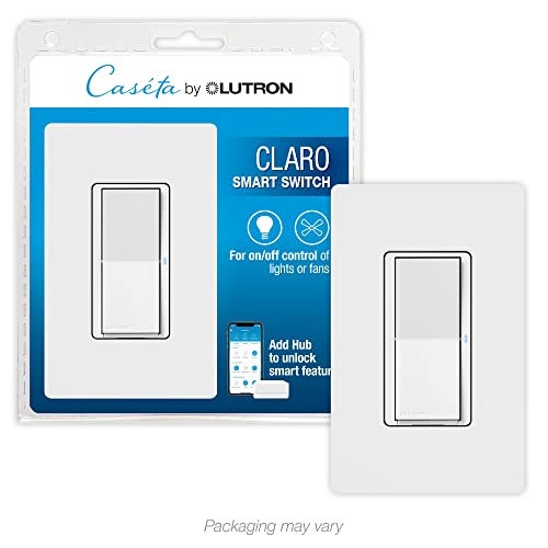 Lutron Claro Smart Switch with Wallplate for Caséta Smart Lighting, for On/Off Control of Lights or Fans | Neutral Wire Required | DVRFW-5NS-WH-A | White