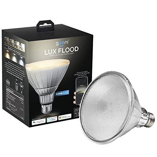 Geeni LUX Smart Floodlight, White – Outdoor 2700K-6500K Dimmable LED Bulb, E26, PAR38, 11W, 1000 Lumens – No Hub Works with Amazon Alexa, Google Assistant, Requires 2.4 GHz Wi-Fi