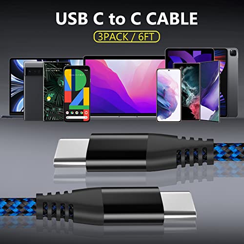 USB C to USB C Cable 6ft, 3Pack 60W Fast Charging USBC Cable Nylon Type C to Type C Charger Cord Compatible with Samsung Galaxy S22/S21/S20+ Ultra, Pixel, iPad Pro/Air 2020,Pixel,MacBook Pro 13''