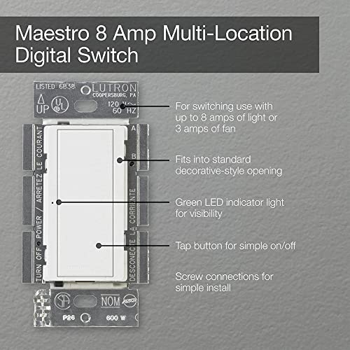 Lutron Maestro Digital Switch, 8A Single Pole/Multi Location, MA-S8AM-WH, White