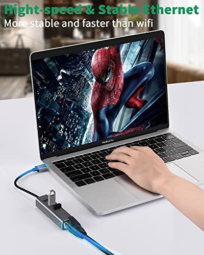 USB 3.0 to Ethernet Adapter 4 in 1 Multiport Hub with Gigabit Ethernet 1000Mbps RJ45 LAN Network Adapter Compatible and 3-Port USB3.0 Support Laptop PC MacBook Windows Linux MacOS, and More