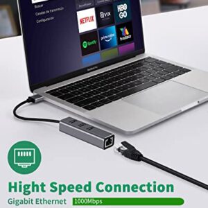 USB 3.0 to Ethernet Adapter 4 in 1 Multiport Hub with Gigabit Ethernet 1000Mbps RJ45 LAN Network Adapter Compatible and 3-Port USB3.0 Support Laptop PC MacBook Windows Linux MacOS, and More