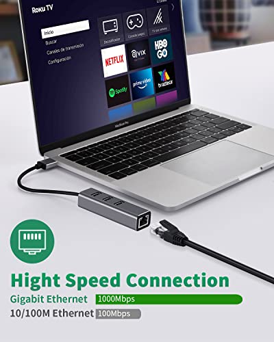 USB 3.0 to Ethernet Adapter 4 in 1 Multiport Hub with Gigabit Ethernet 1000Mbps RJ45 LAN Network Adapter Compatible and 3-Port USB3.0 Support Laptop PC MacBook Windows Linux MacOS, and More