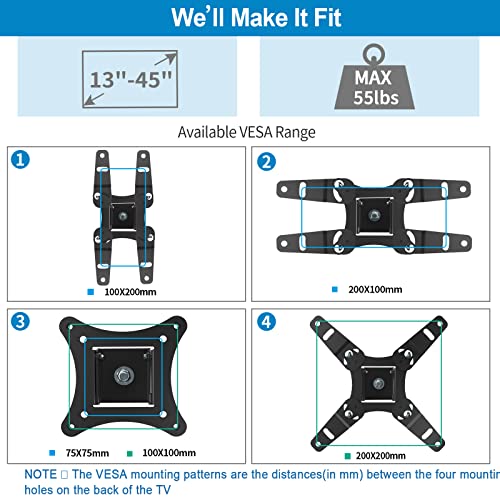 JUSTSTONE Full Motion TV Wall Mount Bracket for 13-45 Inches LED, Plasma Flat Screen Curved TVs, TV Mount with Articulating Arms Swivels Tilt Extension, VESA 200x200mm and Loading Capacity 55 lbs