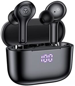 wireless earbuds bluetooth headphones 5.3 with 4-mics clear call 50h playback waterproof stereo earphones with wireless charging case led power display in-ear headset for workout/home/office black
