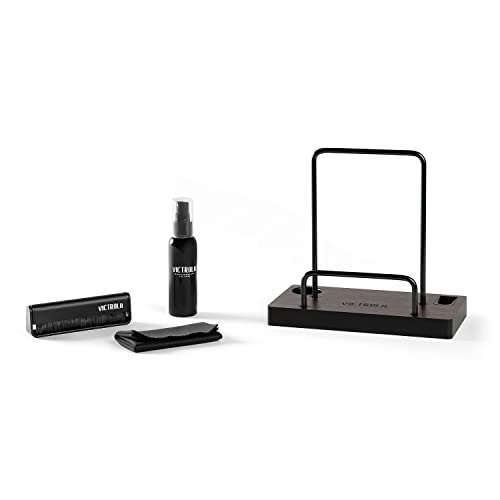 Victrola 'The Kit' - A Vinyl Record Cleaning Kit, Doubles as a Record Stand, Includes Anti-Static Brush, Cleaning Solution, Cloth, Espresso Wood Finish Stand with Smart Black Metal Accents