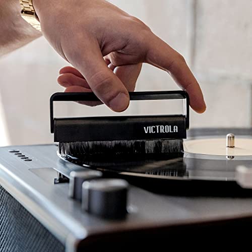 Victrola 'The Kit' - A Vinyl Record Cleaning Kit, Doubles as a Record Stand, Includes Anti-Static Brush, Cleaning Solution, Cloth, Espresso Wood Finish Stand with Smart Black Metal Accents