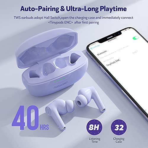 DACOM Bluetooth Headphones True Wireless Earbuds Mini Charging Case Noise Cancelling Wireless Earphones 40H Playtime Touch Control ENC in-Ear Headsets Deep Bass for Sport Running Fitness Purple