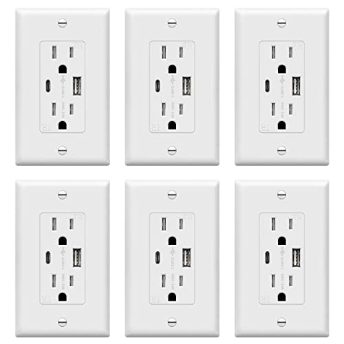 TOPGREENER USB Outlet, Type C USB Wall Charger Outlet, 15 Amp TR Receptacle Plug, Charging Power Outlet with USB Ports, Electrical USB Socket, UL Listed, TU21536AC-W-2PCS, White, 2 Pack