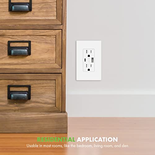 TOPGREENER USB Outlet, Type C USB Wall Charger Outlet, 15 Amp TR Receptacle Plug, Charging Power Outlet with USB Ports, Electrical USB Socket, UL Listed, TU21536AC-W-2PCS, White, 2 Pack