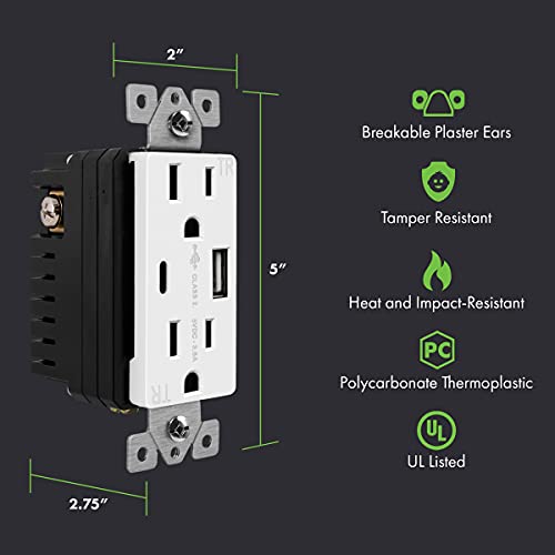 TOPGREENER USB Outlet, Type C USB Wall Charger Outlet, 15 Amp TR Receptacle Plug, Charging Power Outlet with USB Ports, Electrical USB Socket, UL Listed, TU21536AC-W-2PCS, White, 2 Pack