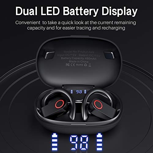 PRTUKYT Wireless Earbuds, Bluetooth 5.0 Running Headphones Stereo Deep Bass Sport Earphones Built-in Mic Digital LED Display 30Hrs Playtime Headset with Ear Hooks for Sports Running Gym