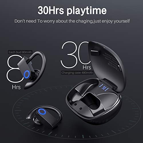 PRTUKYT Wireless Earbuds, Bluetooth 5.0 Running Headphones Stereo Deep Bass Sport Earphones Built-in Mic Digital LED Display 30Hrs Playtime Headset with Ear Hooks for Sports Running Gym