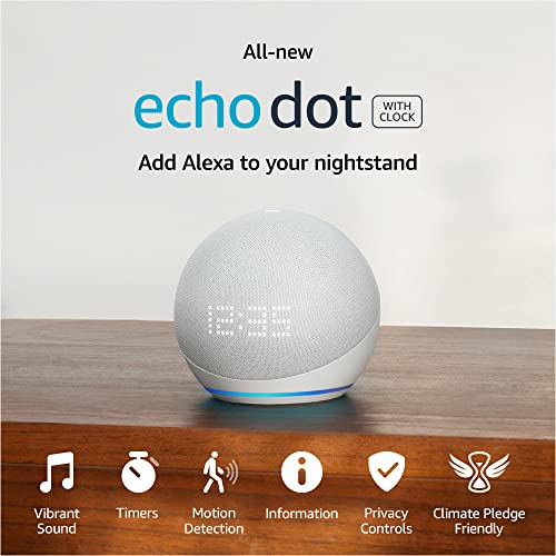 All-New Echo Dot (5th Gen, 2022 release) with clock | Smart speaker with clock and Alexa | Glacier White