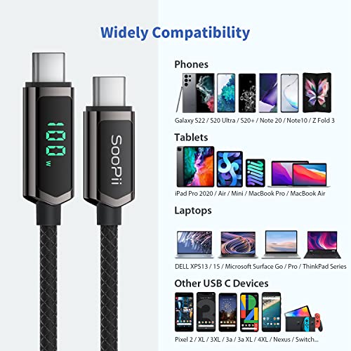 SOOPII USB C Cable, 4FT Nylon Braided USB C to USB C Cable, 100W PD Fast Charging Type-C Cable with LED Display for lPad Mini/Air/Pro, MacBook Pro, Samsung Galaxy S22/S10, Pixel, LG