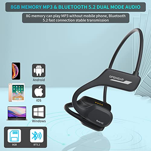 Bone Conduction Headphones, Jimbobo Open Ear Wireless Bluetooth Sport Earphones with Built-in 8GB Memory MP3 Player, Noise Cancelling Mic, IP68 Waterproof Headset for Swimming Running Cycling (Black)