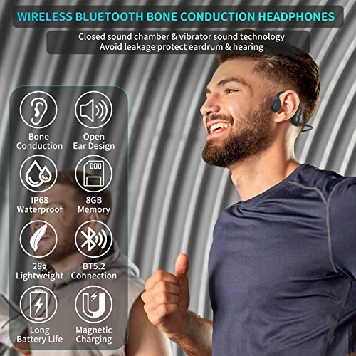 Bone Conduction Headphones, Jimbobo Open Ear Wireless Bluetooth Sport Earphones with Built-in 8GB Memory MP3 Player, Noise Cancelling Mic, IP68 Waterproof Headset for Swimming Running Cycling (Black)