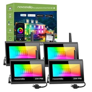 novostella 25w smart led flood lights, rgb, second-generation wifi outdoor dimmable color changing stage light, ip66 waterproof, multicolor wall washer light, work with alexa, 4 pack