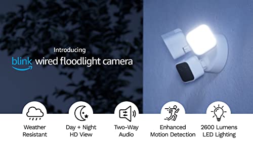 Blink Wired Floodlight Camera – Smart security camera, 2600 lumens, HD live view, enhanced motion detection, built-in siren, Works with Alexa – 1 camera (White)