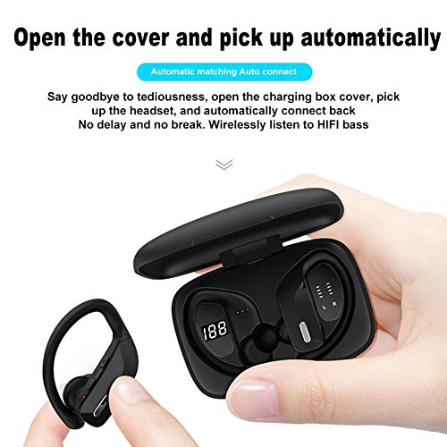 Wireless Earbuds Bluetooth Headphones, BD&M Sport Earphones with LED Display TWS Stereo Deep Bass Ear Buds with Earhooks Waterproof in-Ear Built-in Mic Headset for Running Workout - Black