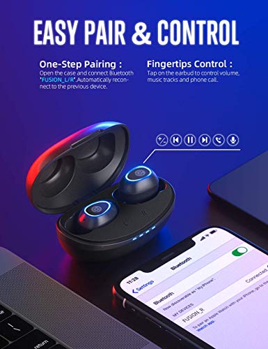 Cystereo Wireless Earbuds, Fusion Bluetooth 5.0 Earbuds, in-Ear Headphones with Mic, AptX, Deep Bass, IPX 7 Waterproof, Touch Control, CVC 8.0 Noise Reduction, USB-C Charging Case