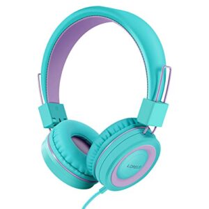 LORELEI X2 On-Ear Kids Headphones with Microphone, Lightweight Folding Stereo Bass Headphones with 1.5m Cord, Portable Wired Headphones for School Trip Airplane(Mint)