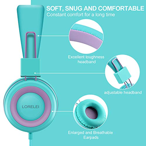 LORELEI X2 On-Ear Kids Headphones with Microphone, Lightweight Folding Stereo Bass Headphones with 1.5m Cord, Portable Wired Headphones for School Trip Airplane(Mint)