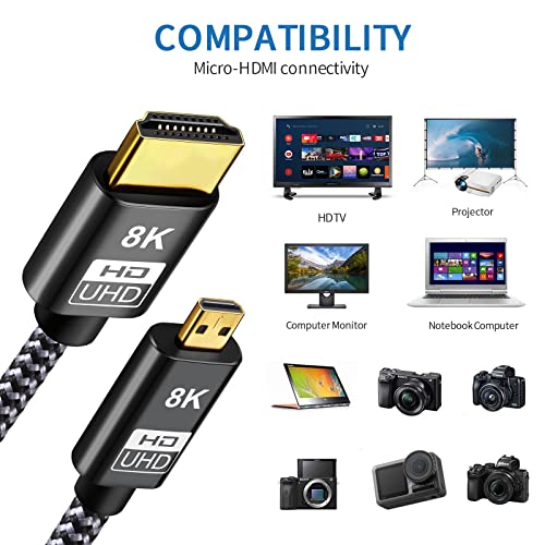 Micro HDMI to HDMI 2.1 8K Cable 5FT, Ultra High Speed 8K@60Hz 4K@120Hz 48Gbps HDMI Cord Compatible with Digital Cameras, Camcorders, Tablets (5.00)